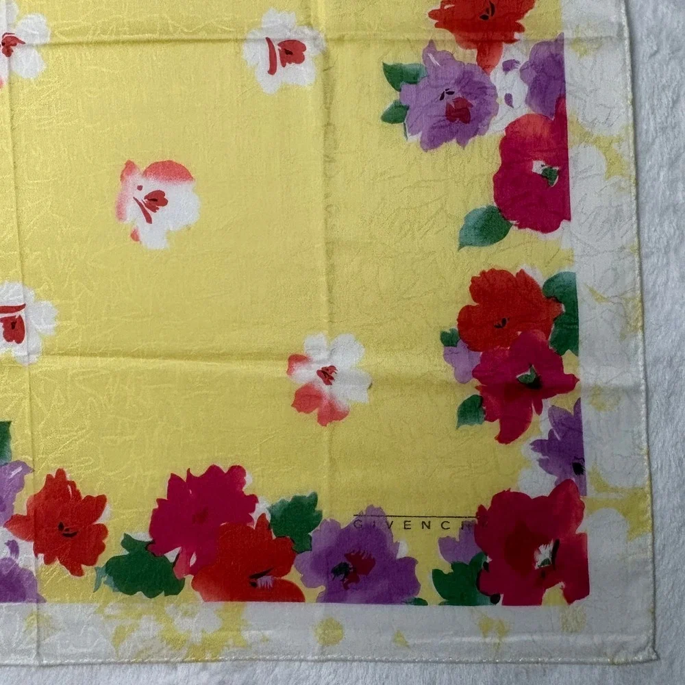 Vtg GIVENCHY Scarf Handkerchief Floral Yellow 18.5